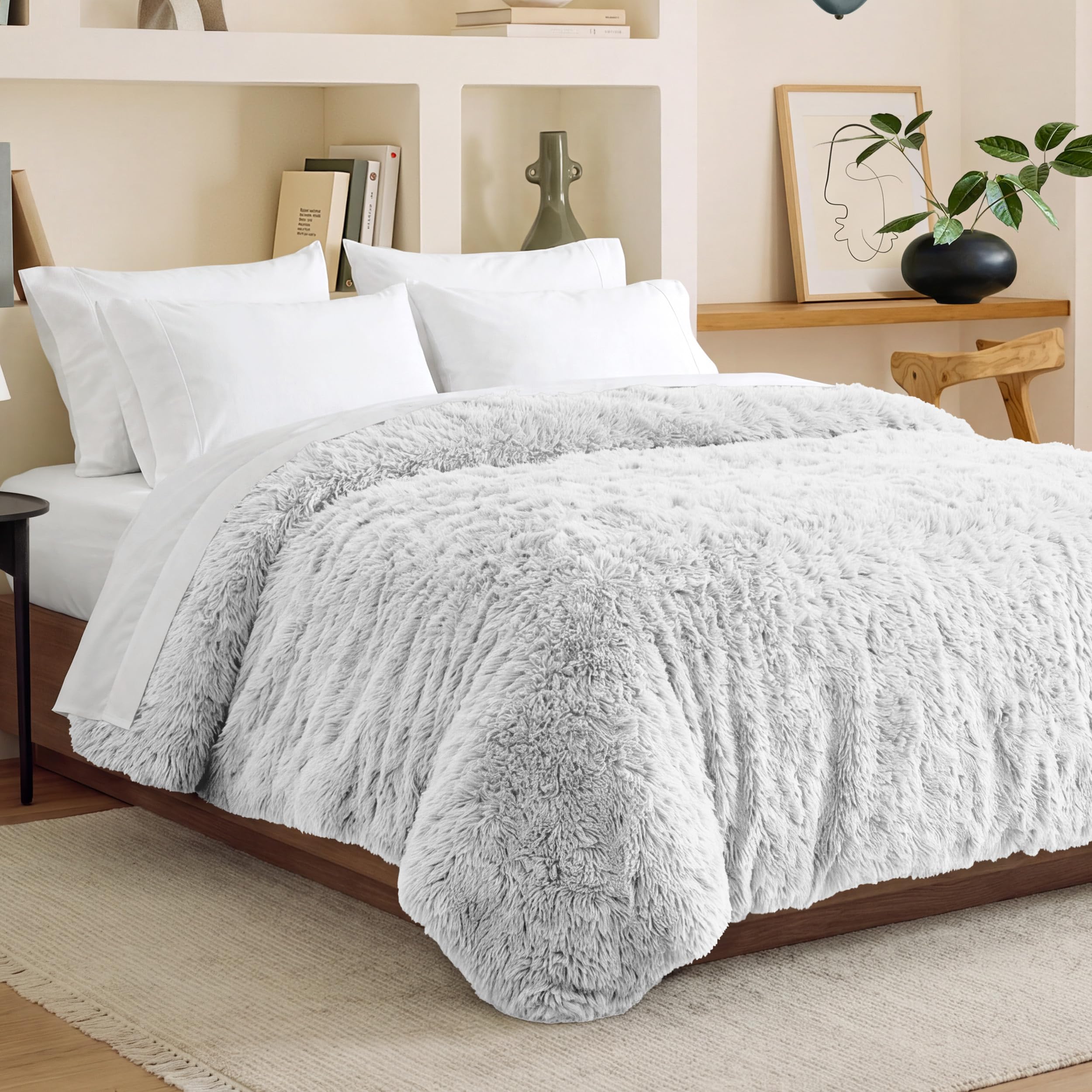 Bare Home Shaggy Fleece Duvet Cover Queen Size - Boho Plush Duvet Cover - Super Soft &amp; Luxury - Hidden Zipper Closure - All Season Bedding (Queen, White)