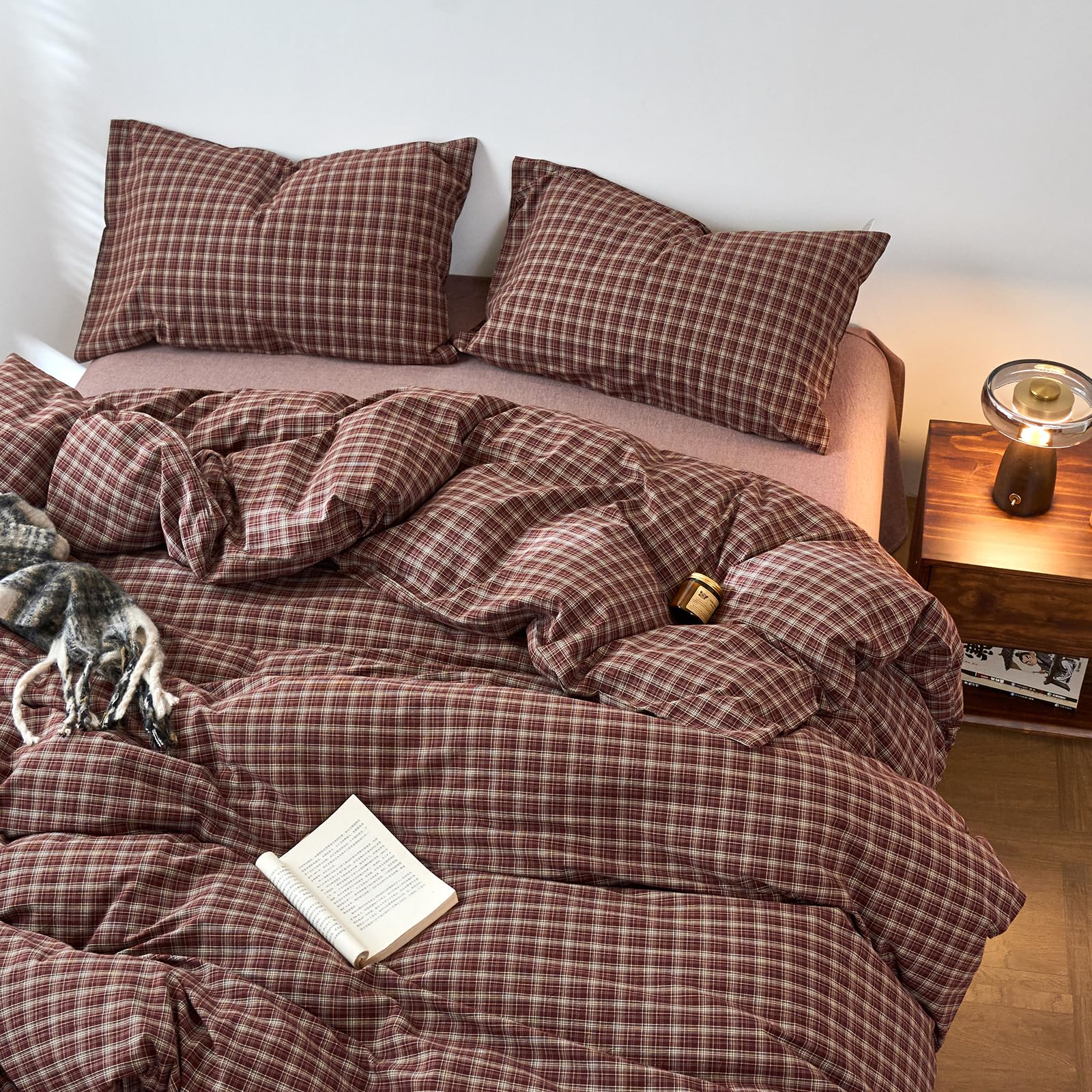 EAVD Vintage Plaid Gingham Duvet Cover King 100% Washed Cotton Burgundy