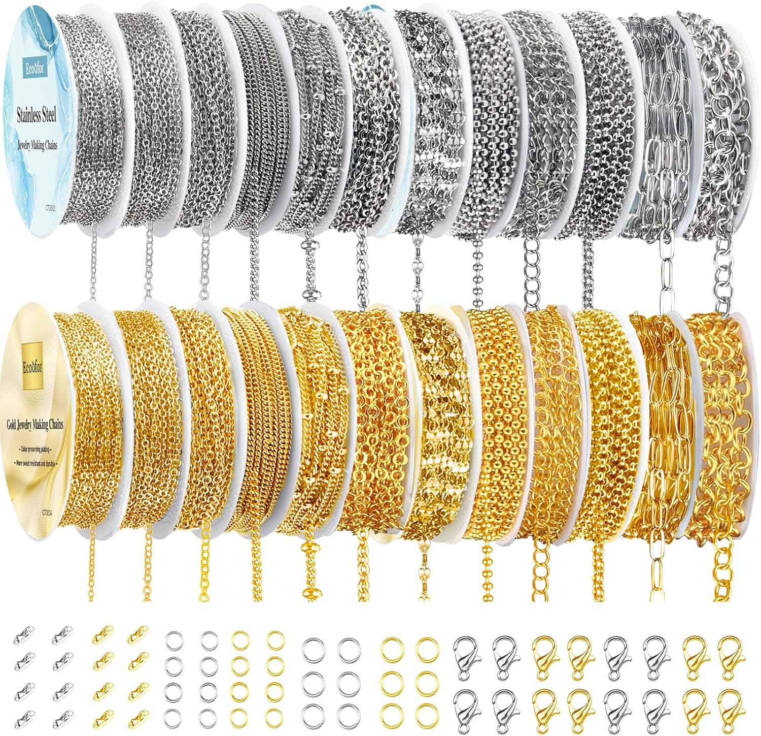 Necklace Chains for Jewelry Making, 95.1Feet 10 Rolls 304 Stainless Steel Jewelry Chains，95.1Feet 10 rolls gold necklace chains for DIY Necklace Bracelet Jewelry Making with Stainless Steel Ju
