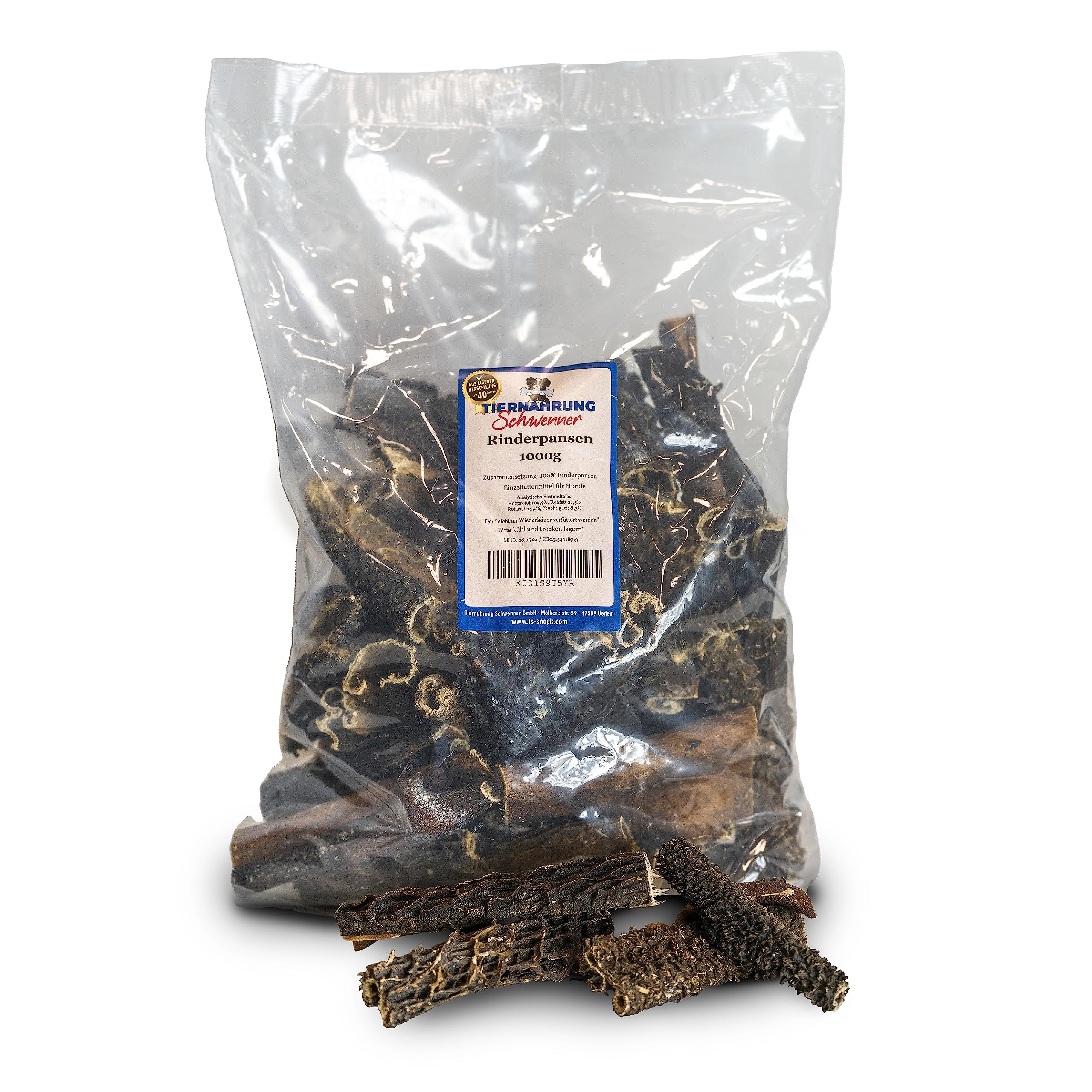 Tiernahrung Schwenner Rinderpansen für Hunde getrocknet – Dog Snacks - gesunde Kaustangen für die Hunde 1000g 12cm