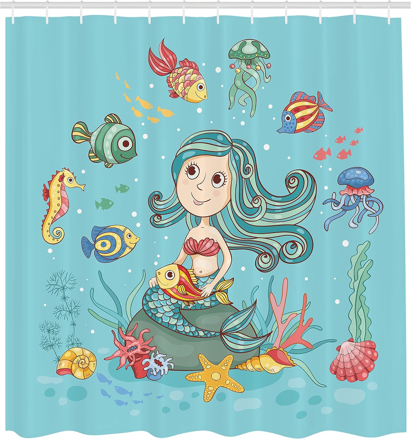 Ambesonne Underwater Shower Curtain, Cartoon Characters Fish and Seashells Mermaid Girl Rainbow Underwater Animals, Cloth Fabric Bathroom Decor Set with Hooks, 69" W x 70" L, Seafoam