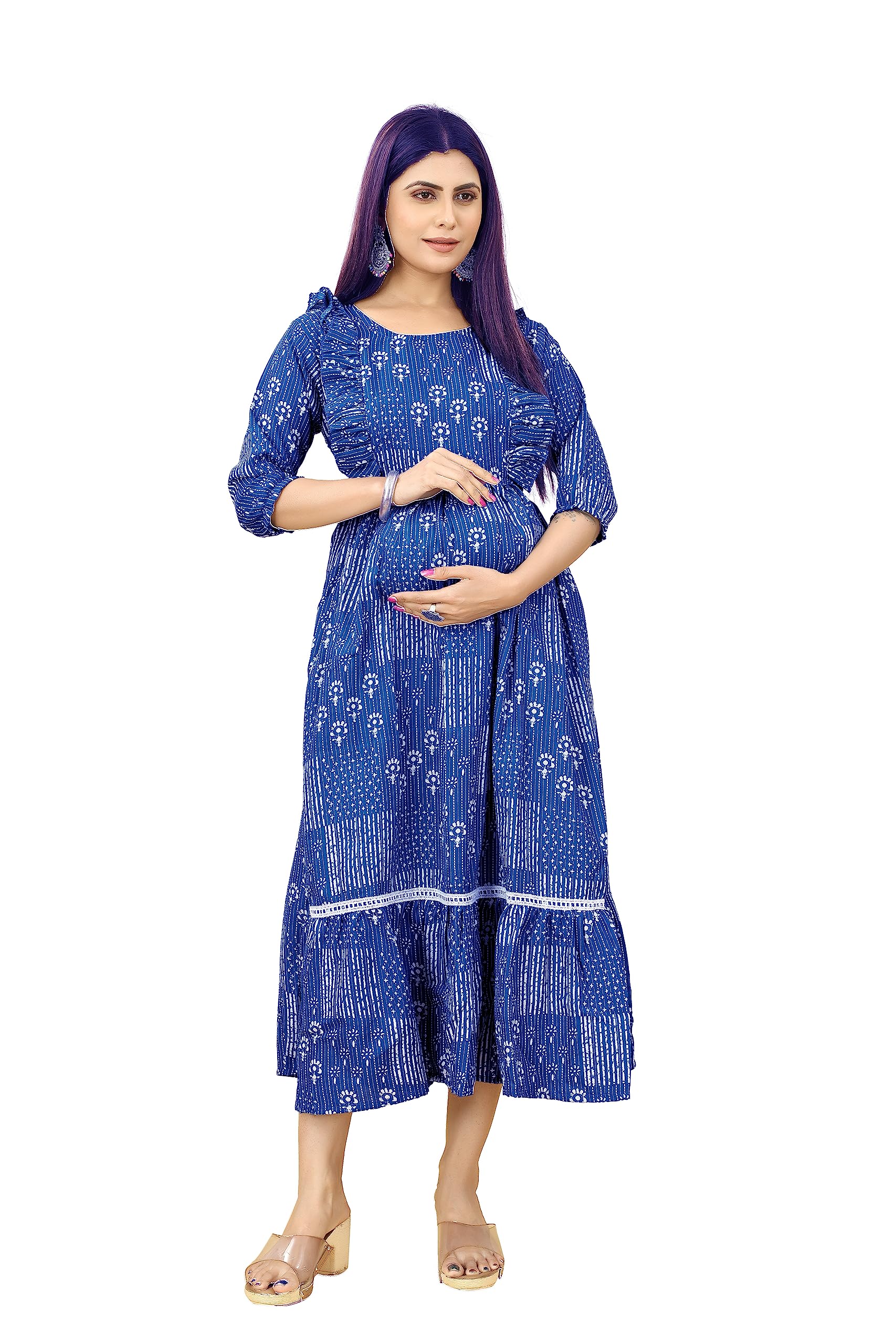 SKY FABMaternity Feeding Kurti for Women Cotton Blend Anarkali Maxi Dress with Nursing Zip