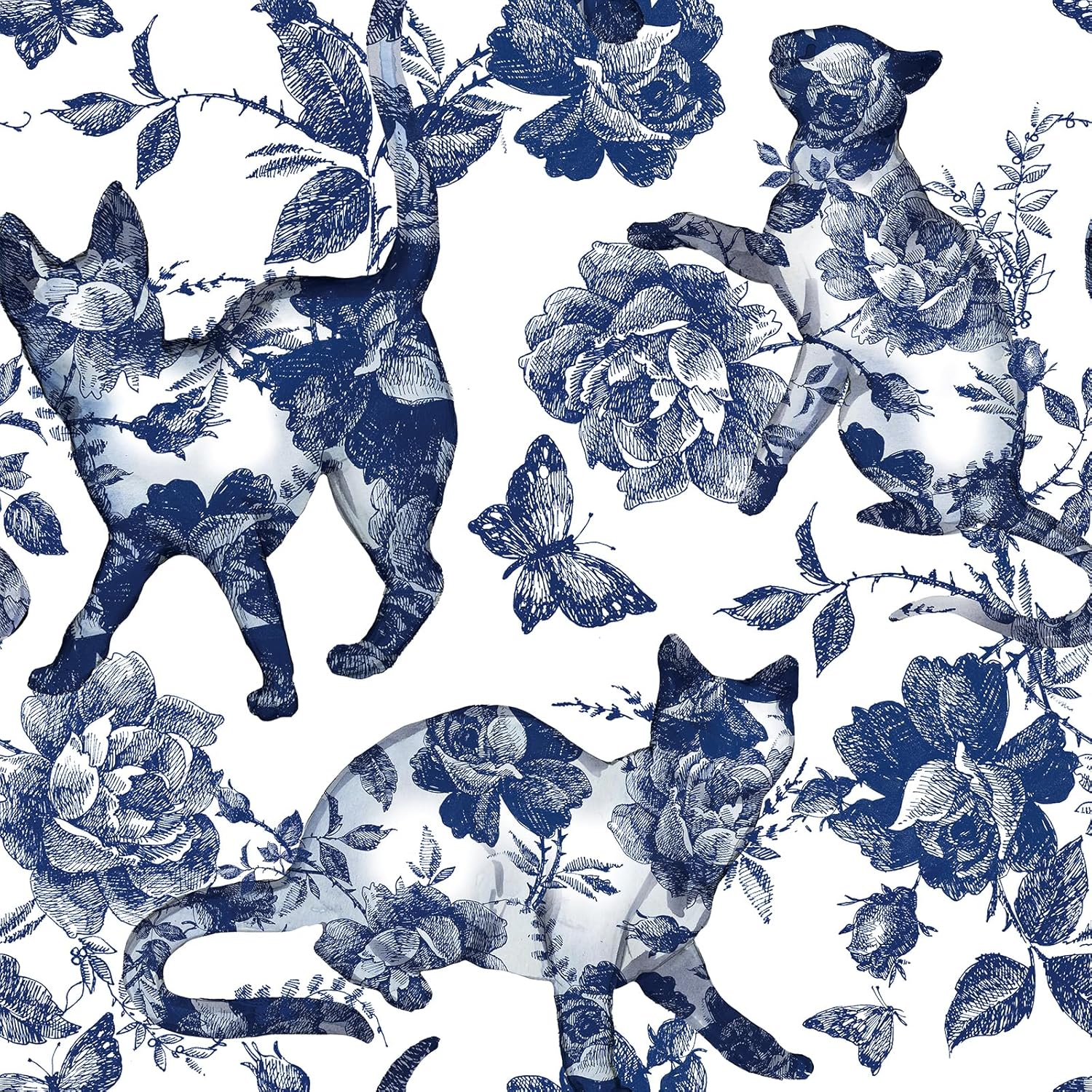 17.5x393 Cat Floral Peel and Stick Wallpaper Blue Cat Contact Paper Vinyl White Blue Toile Wallpaper Vintage Flower Boho Butterfly Retro Waterproof Funny Fun Cute Kitty Girls Bathroom Sticky