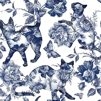 Vintage Cat Wallpaper Stick and Peel Blue White Floral Cat Toile Wallpaper French Country Elegant Butterfly Navy Blue Cats Fun Cute Contact Paper Self Adhesive MCM Mural Removable 17.5x80