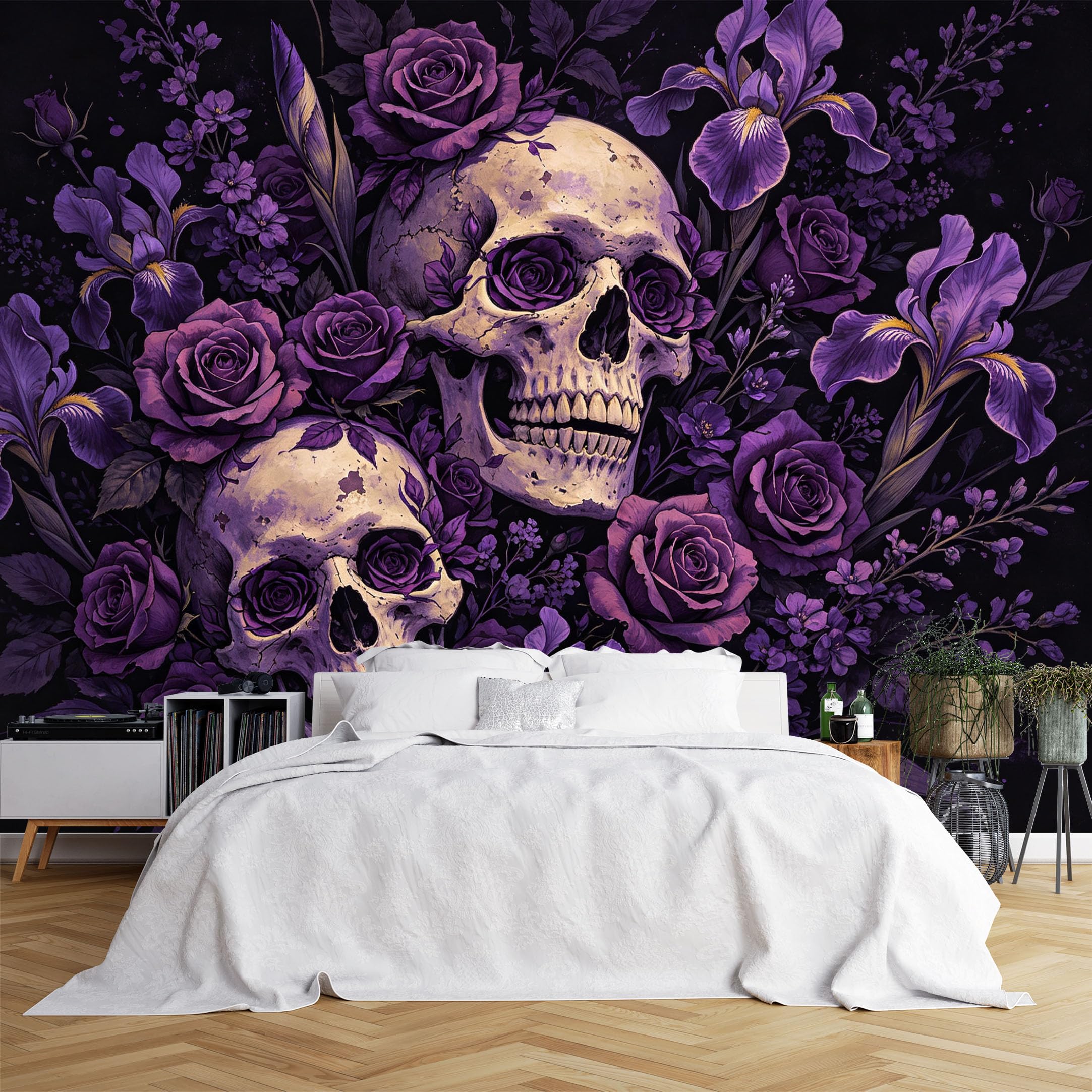 Lcythiazole Ch260615121 Custom Size Wall Murals Skull Purple Rose Iris Gothic Floral Wall Murals Vivid Dark Wallpaper Wall Stickers Self-Adhesive Removable Wallpaper For Bar Bedroom