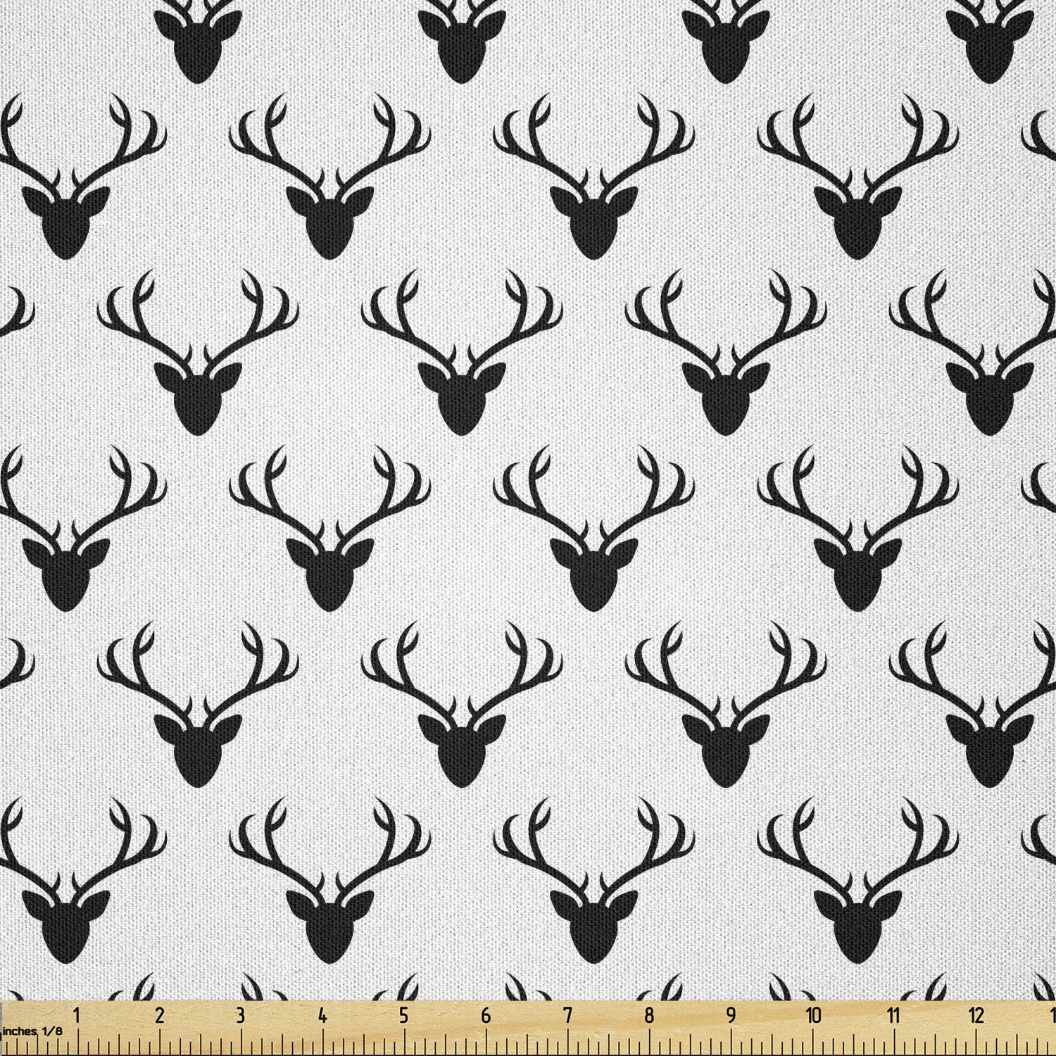Lunarable Deer Fabric by The Yard, Pattern with Deer Heads Silhouettes Horn Curvy Wildlife Forest Creative Design Print, Microfiber Fabric for Arts and Crafts Textiles Decor, 3 Yards, Charcoal White