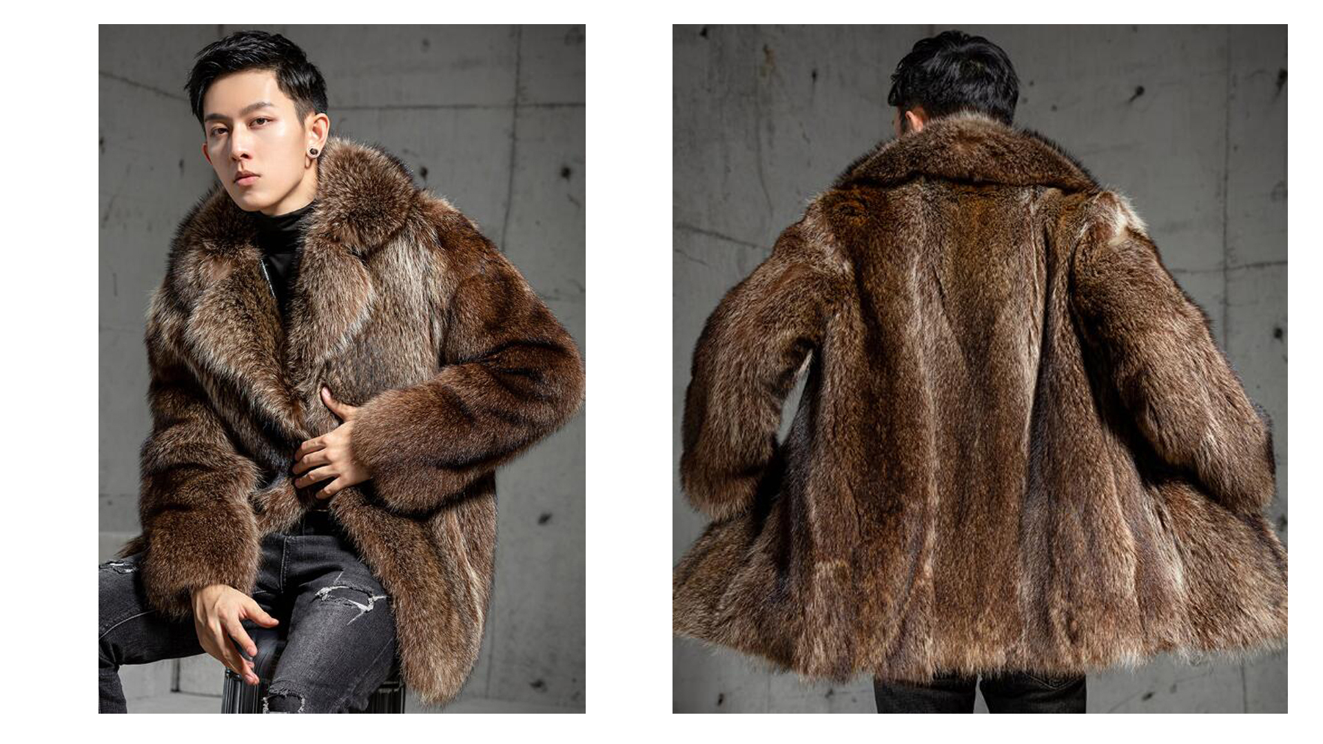 Denny&Dora Brown Leather Jacket Natural Raccoon Fur Coat Mid