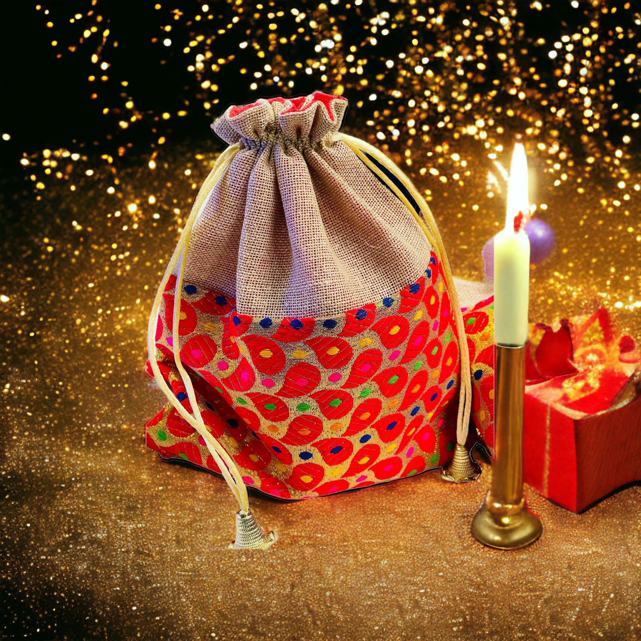 KRIWIN Pack of 20 pcs Big Size Brocade & Jute Potli Gift Bags (23 X 18 cm) Red & Beigeb 500 gr capacity 1