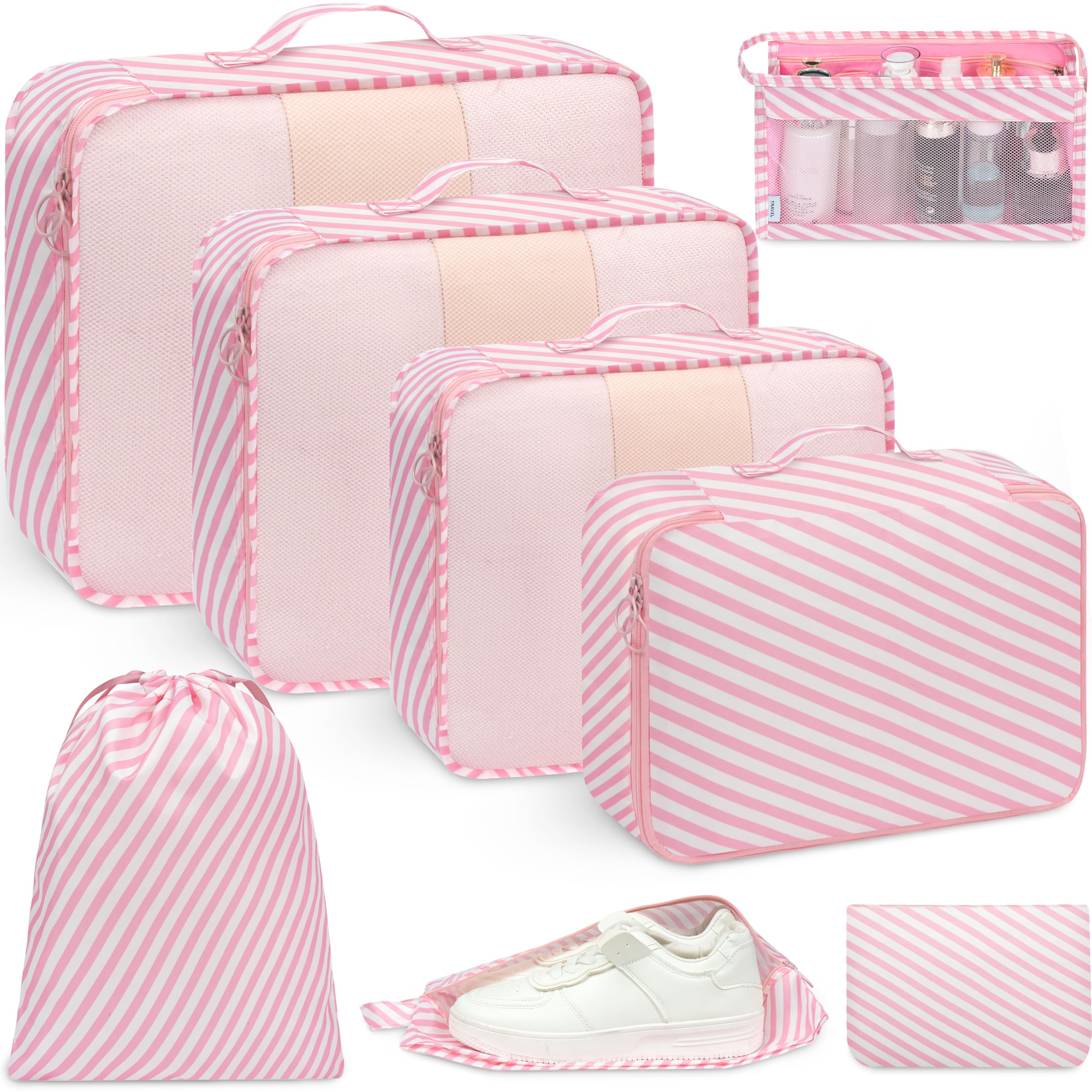 BAGAIL 8-teiliges Packwürfel-Set, Reiseorganizer mit atmungsaktivem Netz & Schuhbeutel, leichte Nylon Packorganizer für Koffer, 9 Farben