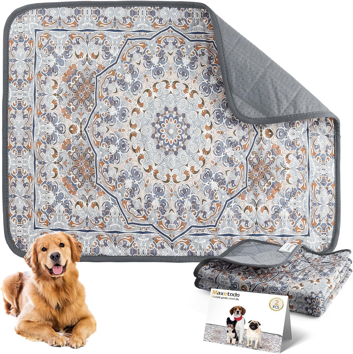 Maxetodo Bohemian Reusable Dog Pads 46x61CM,2-Pack|Leakproof,Absorbent & Non-Slip Training Mats for Dogs|Washable & Waterproof,Ideal for Crates,Floors & Furniture|Perfect for Housebreaking & Whelping