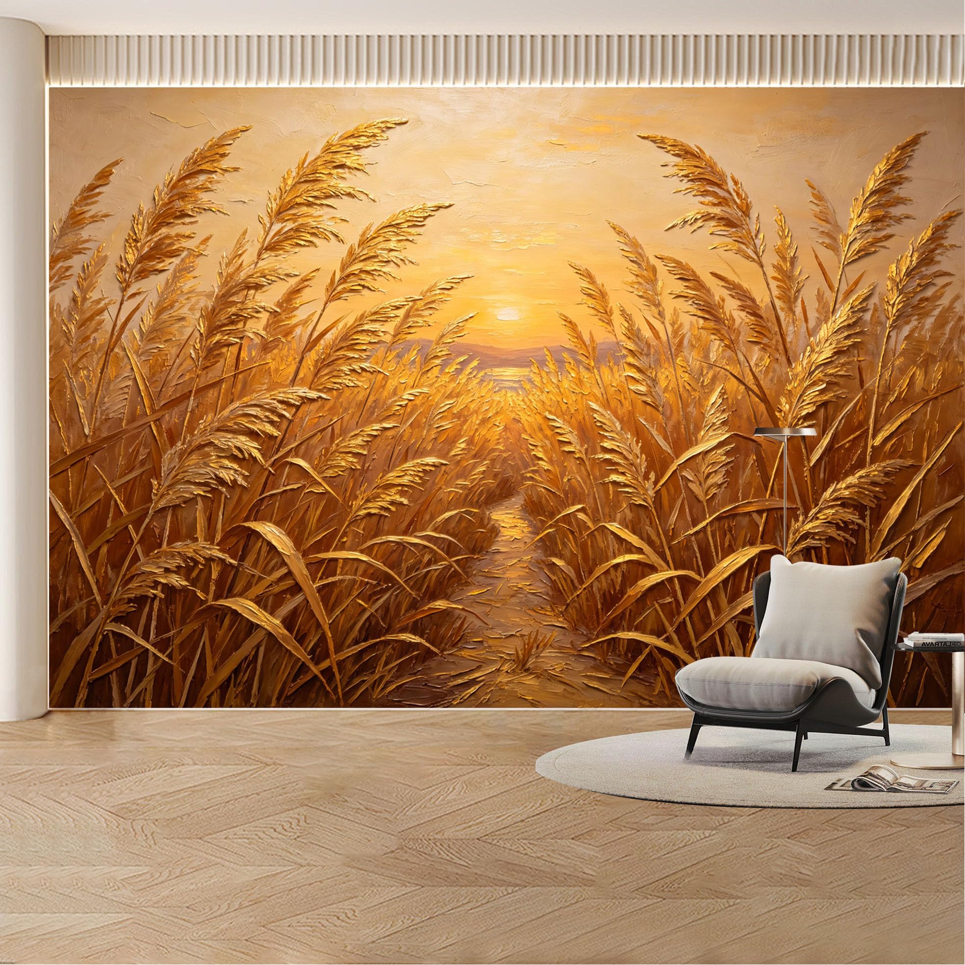 Custom Wall Mural Wallpaper Golden Wheat Field Landscape 3D Effect Wall Decor Luxury Sunset for Living Room， Bedroom， Office