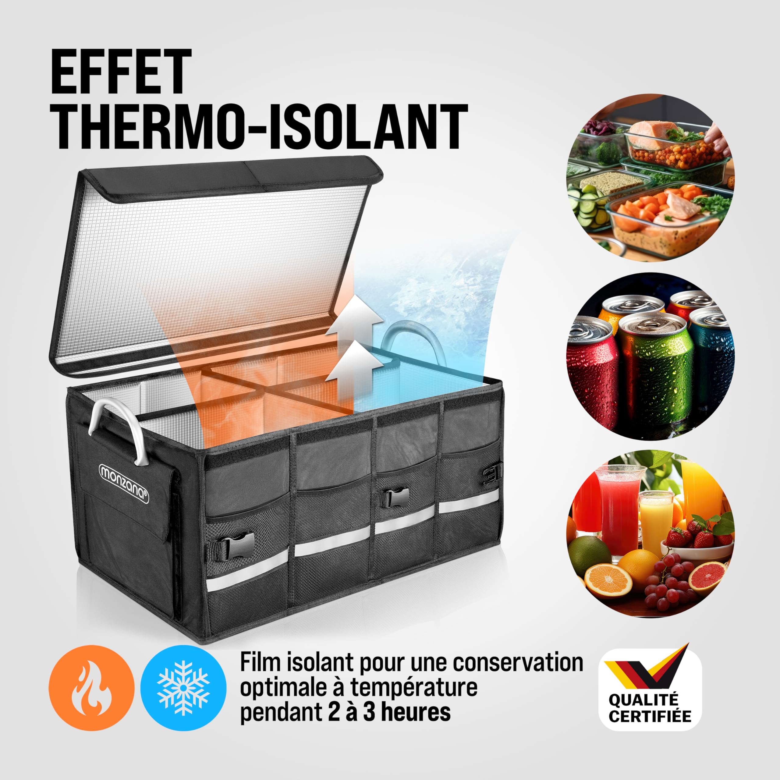 Monzana Organisateur de Coffre de Voiture Noir Isotherme MDF Isolant Couvercle 68L Pliable Parois renforcées Sac de rangement voiture