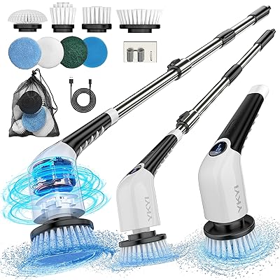 YKYI Electric Spin Scrubber,Cordless Cleaning Brush,Shower Cleaning Brush with 8 Replaceable Brush Heads,Power Scrubber 3 Adjustable Speeds,Adjustable & Detachable Long Handle,Voice Broadcast