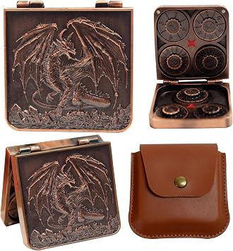 Metal DND Dice Set 7-in-1 Spinner with Dragon Case - Vintage Copper | Foldable polyhedral dice, for Dungeons & Dragons RPG games, Premium metal spinner,3D dragon, storage case included