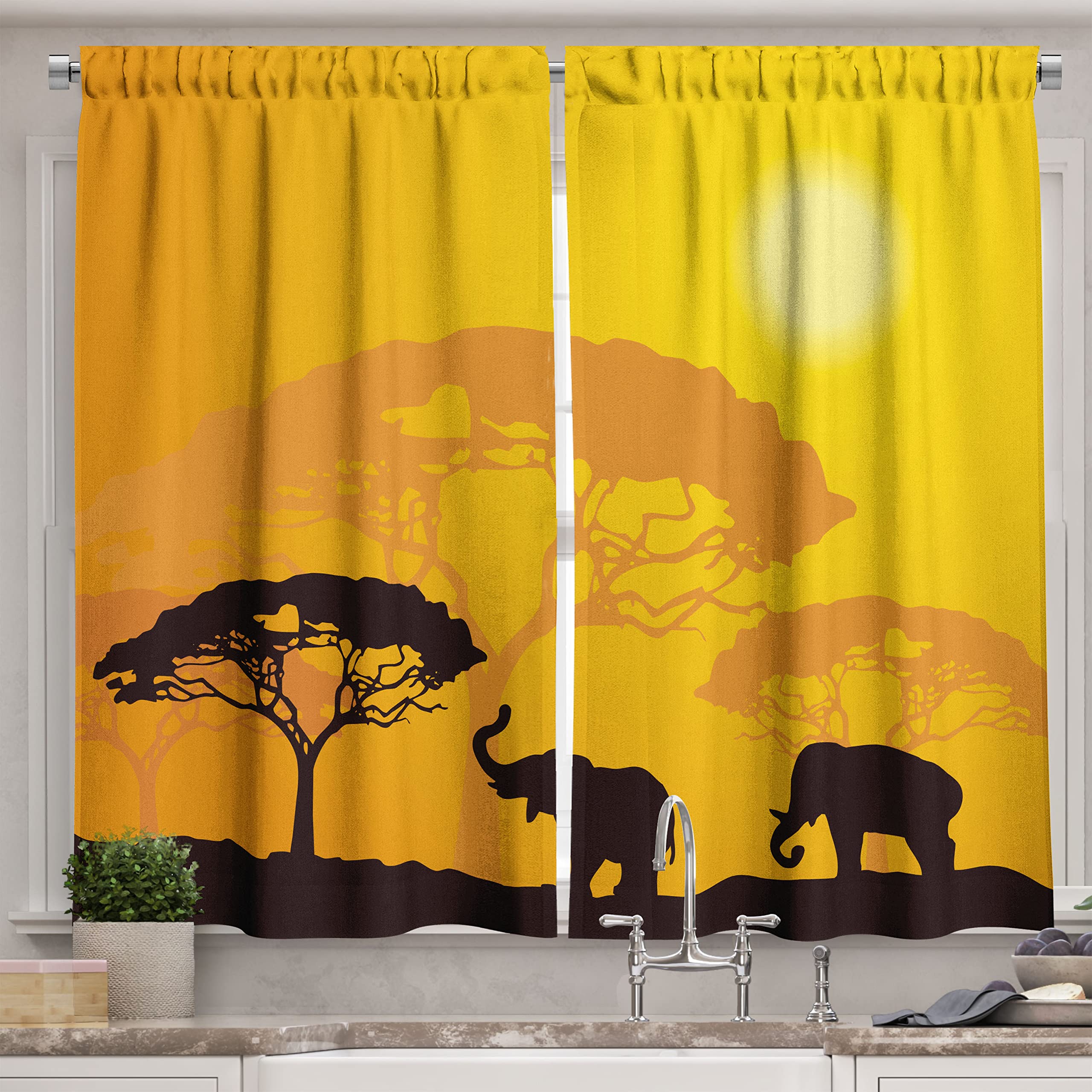 Ambesonne Safari Kitchen Curtains, Wildlife Animals Elephants Sun Beams Trees Print Art, Window Drapes 2 Panel Set for Kitchen Cafe Decor, 55" x 39",