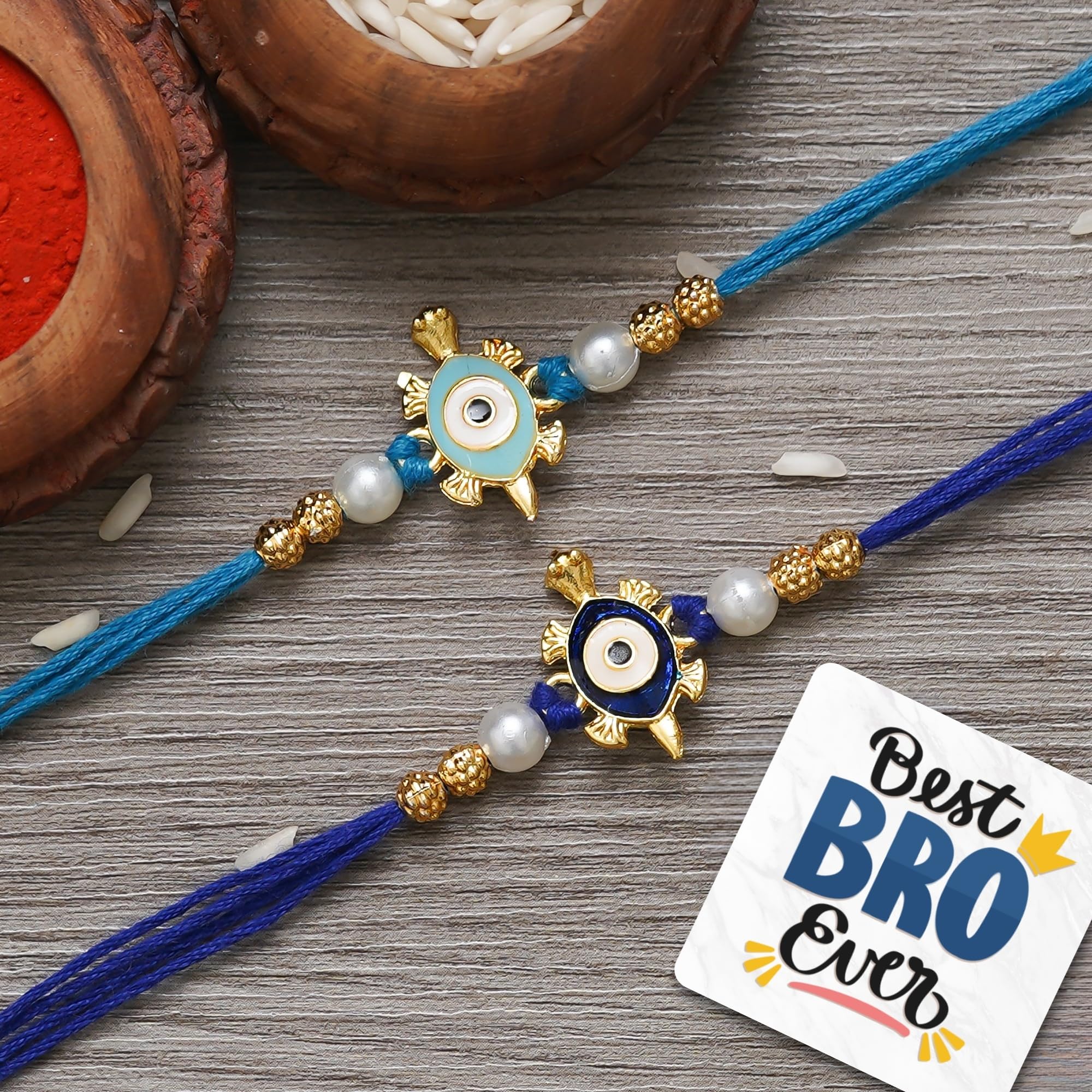 eCraftIndia Set of 2 Good Luck Evil Eye Designer Rakhis, Best Bro Ever Fridge Magnet with Roli Chawal Pack - Rakhis for Brothers-picture-18