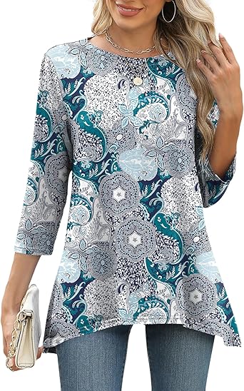LOMON 3/4 Sleeve Tunic Tops for Women Loose Fit Dressy Casual Blouse Flowy Shirts to Wear with Leggings S-3XL