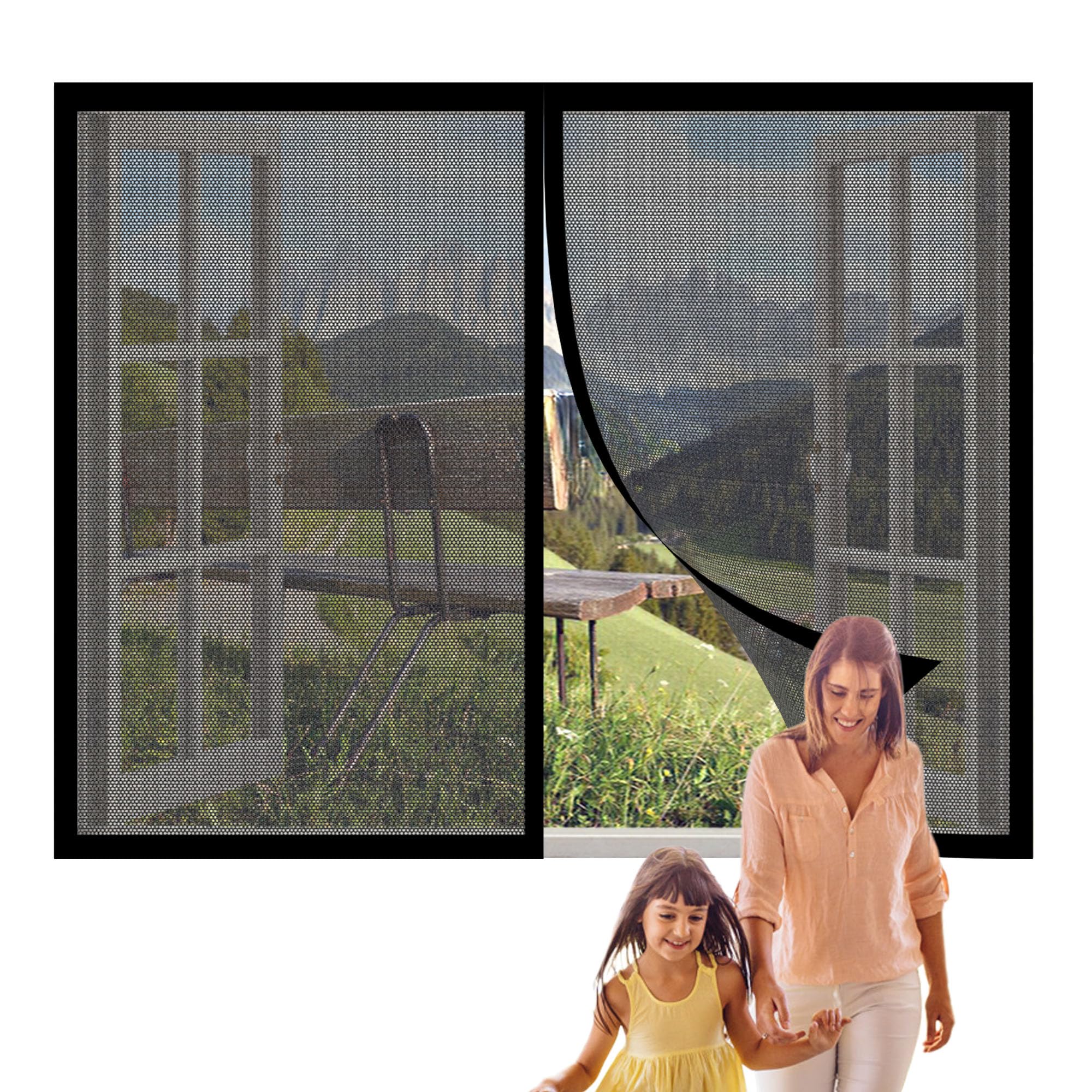 Fly Screens for Window 157 x 145 cm Mesh Fly Curtain Mosquito Net Without Drilling Hands Free for Kitchen Bedroom Room Window, Black