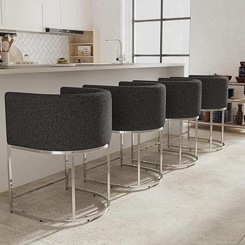 Miniatura 19 de Juego de 4 taburetes de bar contemporáneos de lino color crema, de 32 pulgadas, de tela tapizada, altura de mostrador, taburetes de cocina con base