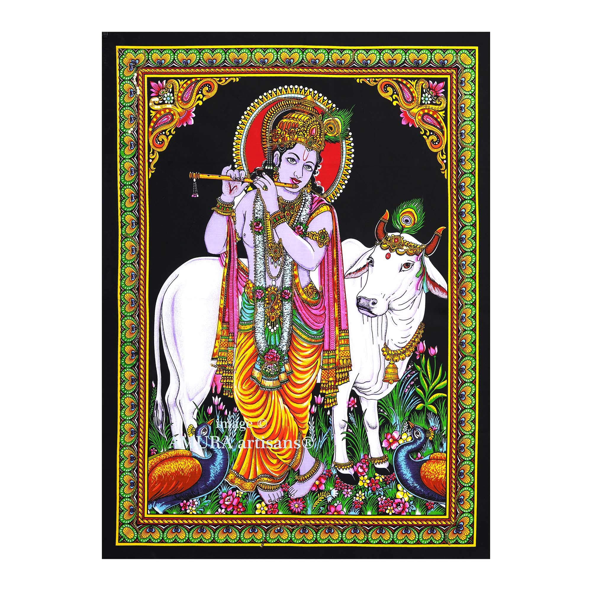AMURA artisans® Lord Krishna (Blue) Playing Flute with Cow (Black Background) Sequin Embedded 100% Cotton 30X40 Inches Cloth Poster/Bohemian/Tapestry/Wall Hanging