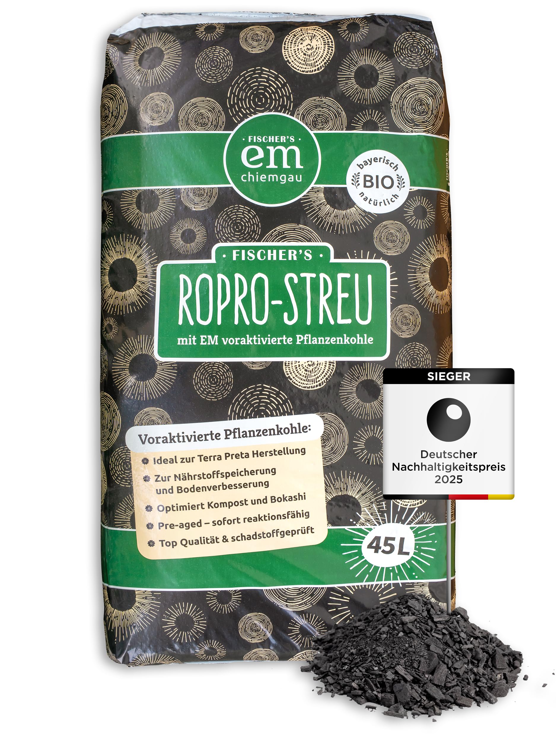 EM-Chiemgau RoPro-Streu 45 L Pflanzenkohle - Wurzelaktivator Bodenaktivator & Kompostbeschleuniger [Voraktiviert mit Effektiven Mikroorganismen] für Terra Preta, Bokashi, Humusaufbau, Garten & Stall