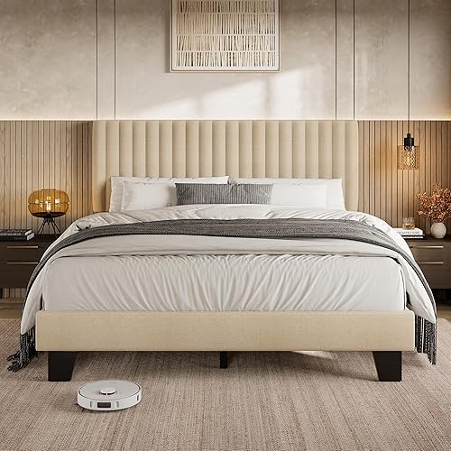 Miniatura 12 de Einhomn Base de cama tamaño individual con cabecero, base de cama tapizada de lino con listones de madera maciza, sin ruido, no necesita somier,