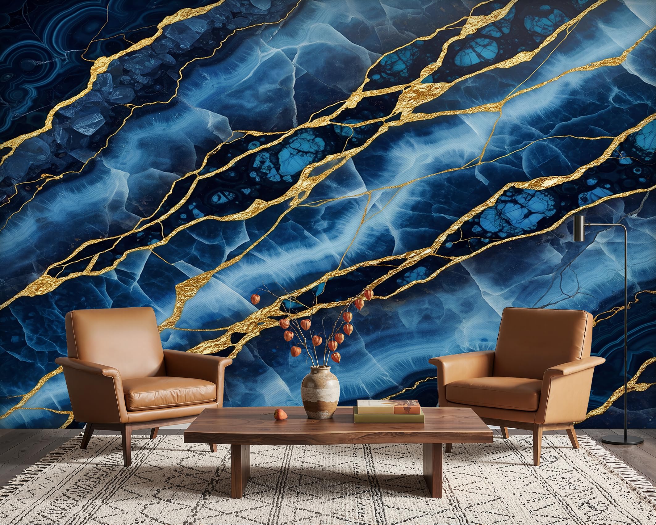 PaxGloz Blue and Gold Marble Wallpaper, Navy Marble Wall Mural for Living Room & Bedroom, Non-Woven Decorative Wall Art 400x280 cm