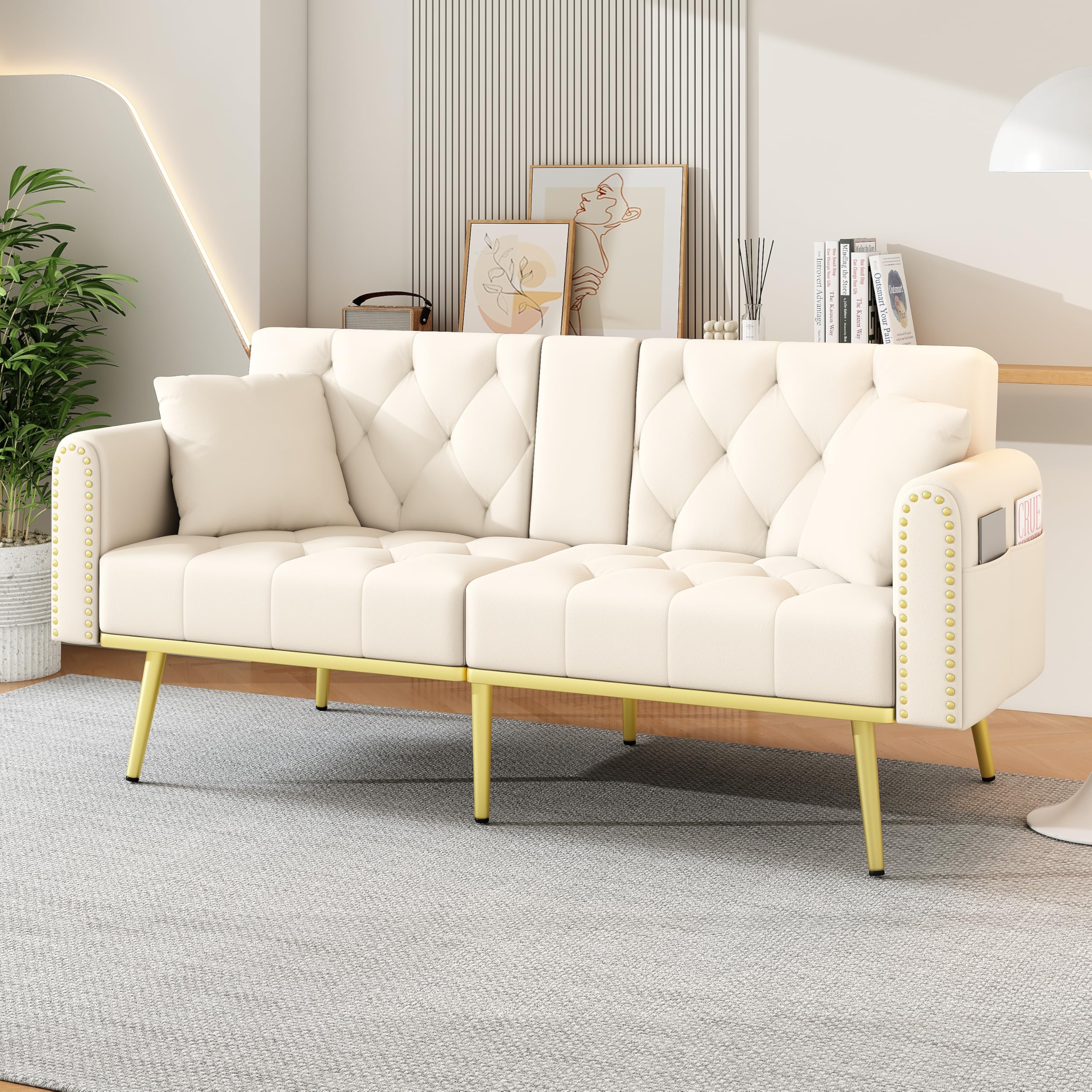 Divano letto doppio pieghevole, beige, 80 x 180 cm, con funzione sdraio, tre angoli di inclinazione regolabili e portabevande, adatto per soggiorno, camera da letto, camera degli ospiti