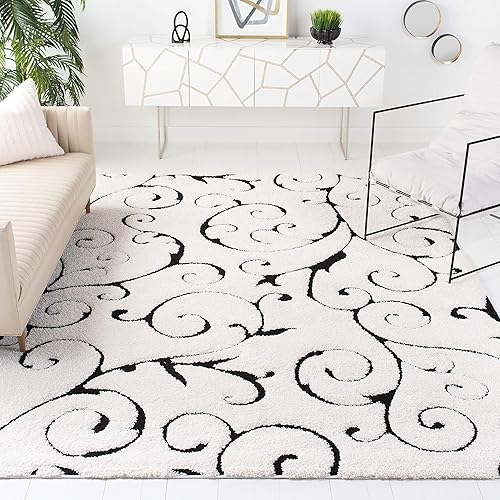 SAFAVIEH Florida Shag Collection Area Rug - 8' x 10', Ivory & Black, Scroll Design, Non-Shedding & Easy Care, 1.2-inch Thick Ideal for High Traffic Areas in Living Room, Bedroom (SG455-1290)