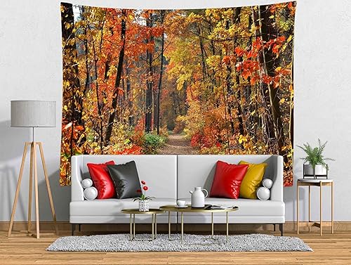 Miniatura 8 de Loccor Tapiz de bosque otoñal de 60 x 50 pulgadas, tapiz de hojas de arce caído, árboles amarillos, camino extra grande, para colgar en la pared,