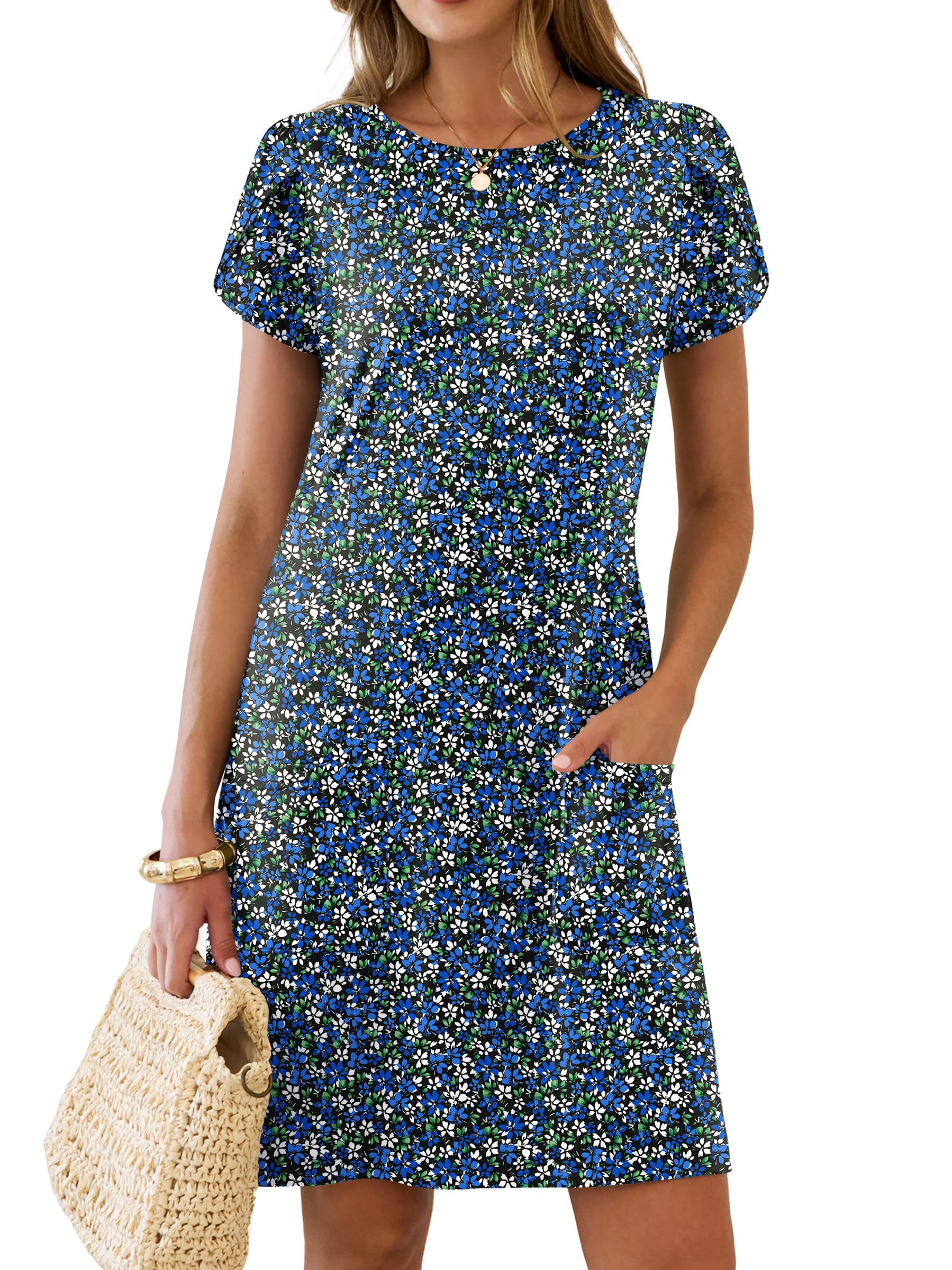 Swimsuit Coverup for Women Crew Neck Short Sleeve Beach Sundresses Summer T Shirt Dress with Pockets Plain/Print-image-36
