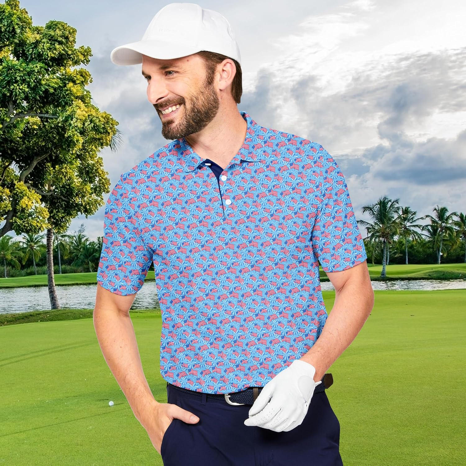 Mens Golf Shirt Short Sleeve Dry Fit Print Moisture Wicking Performance Patterns Collared Polo Shirt