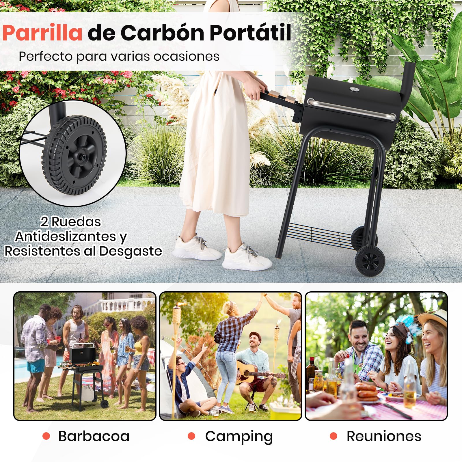 GOPLUS Parrilla de Carbón Portátil, Barbacoa al Aire Libre con Termómetro y Mesa Lateral Plegable, Estante de Almacenamiento y Ruedas para Patio Jardín Camping Picnics