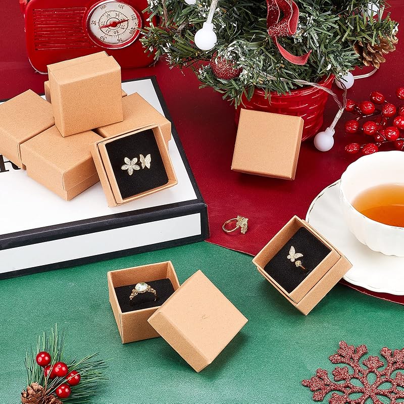 NBEADS 24 bucăți cutii de bijuterii din carton kraft maro, cutii de cadou 5 x 5 x 3 cm pentru aniversare, nuntă, zi de naștere