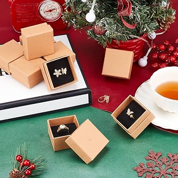 NBEADS 24 Pcs Kraft Brown Square Cardboard Jewelry Ring Boxes Paper Retail Gift Box for Anniversaries, Weddings Or Birthdays, 5x5x4cm