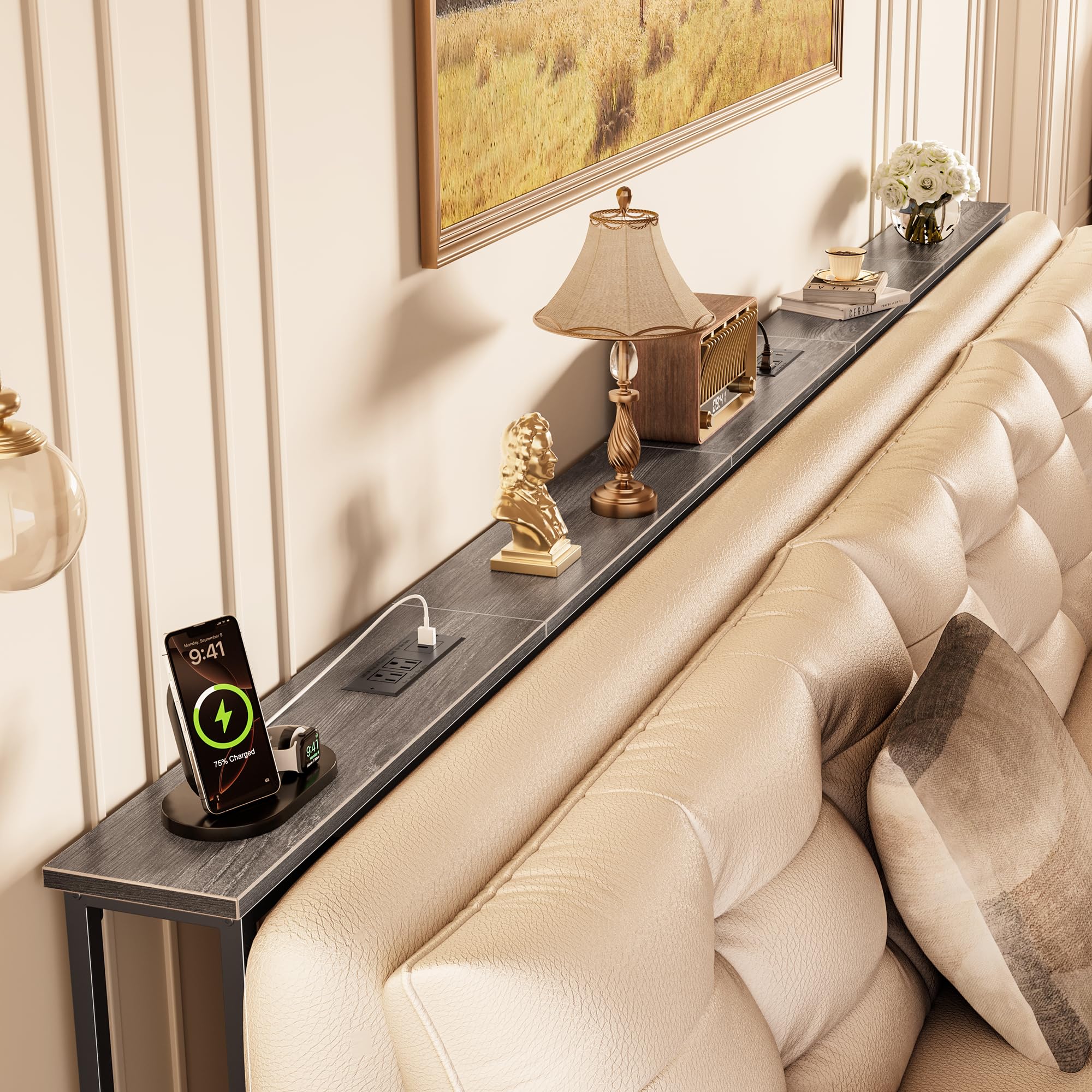 Huuger 110 Inch Sofa Table with Power Outlets, Skinny Behind Couch Table