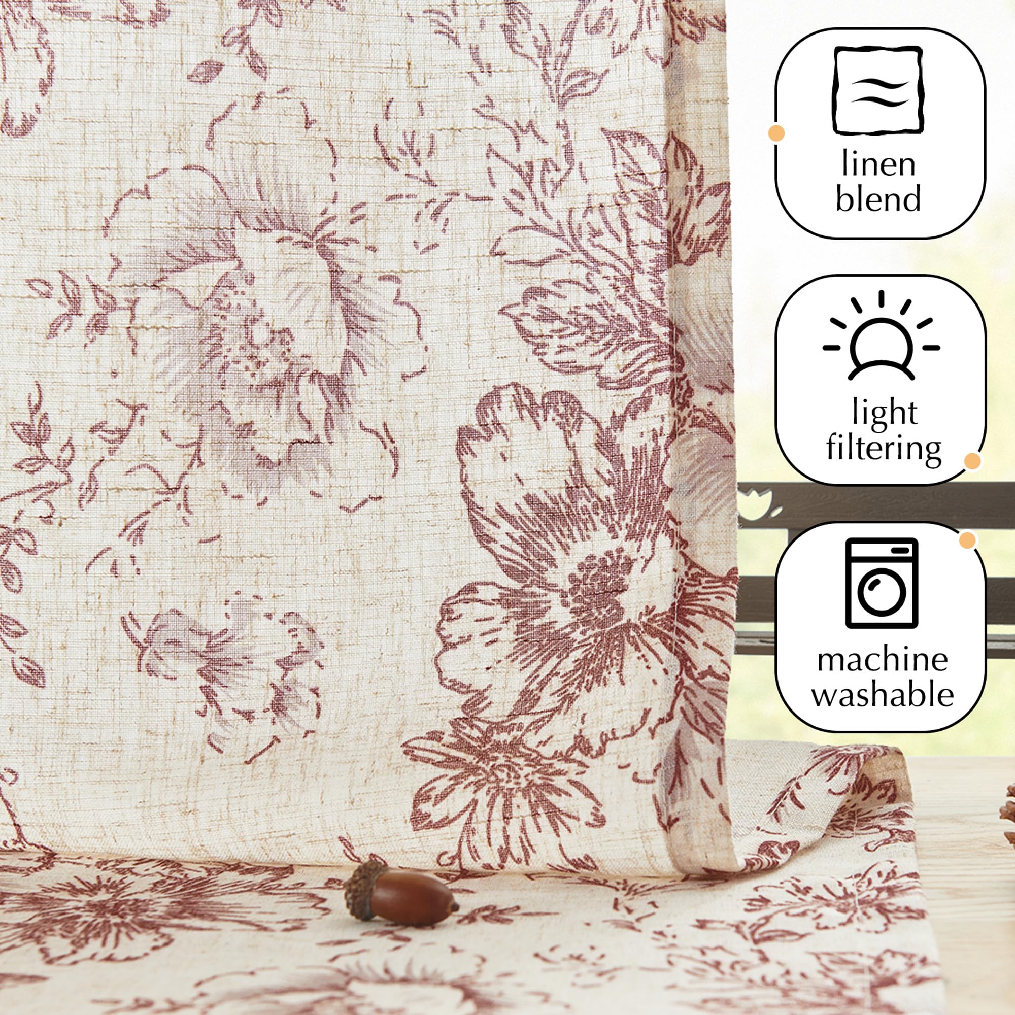 TOPICK Linen Blend Red Floral Kitchen Curtains 24 Inch Drop Small Cafe Curtains Light Filtering Short Curtain Tiers for Bathroom Sink Rod Pocket 2 Panels - Image 4