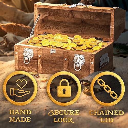Miniatura 4 de Vizayo Cofre del tesoro pirata hecho a mano con cerradura y llaves, baúl de almacenamiento de madera vintage de 16 x 12 pulgadas con tapa con