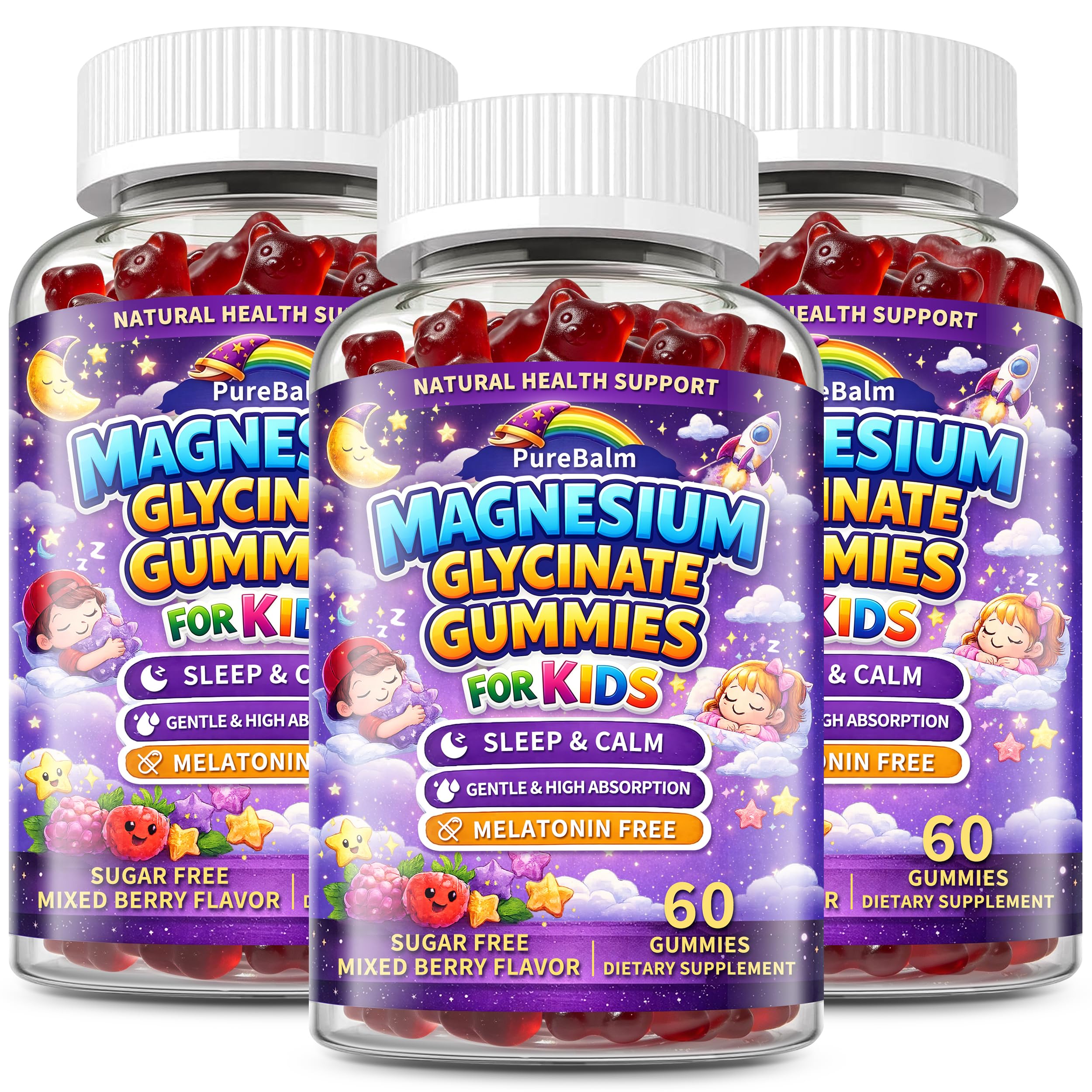 3 Pack-Magnesium Glycinate Gummies 400mg for Kids 4+ & Adults,Melatonin Free Natural Calm & Sleep Support Supplement with L-Theanine,High Absorption,Vegan,Sugar Free,Mixed Berry Flavor,90 Day Supply 60 Count (Pack of 3)