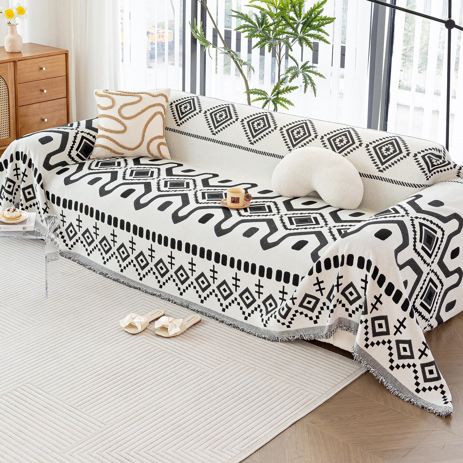 JPGGD Boho Couch Cover, Chenille Sofa Cover Washable for Dogs, Boho Couch Covers for Sofa Pet Friendly, Bohemia Sofa Slipcovers for 2-3 Cushion Couch(