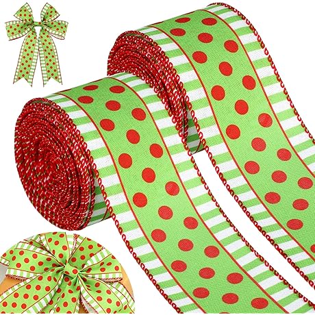 2 Rolls Christmas Ribbon Wired 2.5 Inch Dots with Stripes Wired Wrapping...