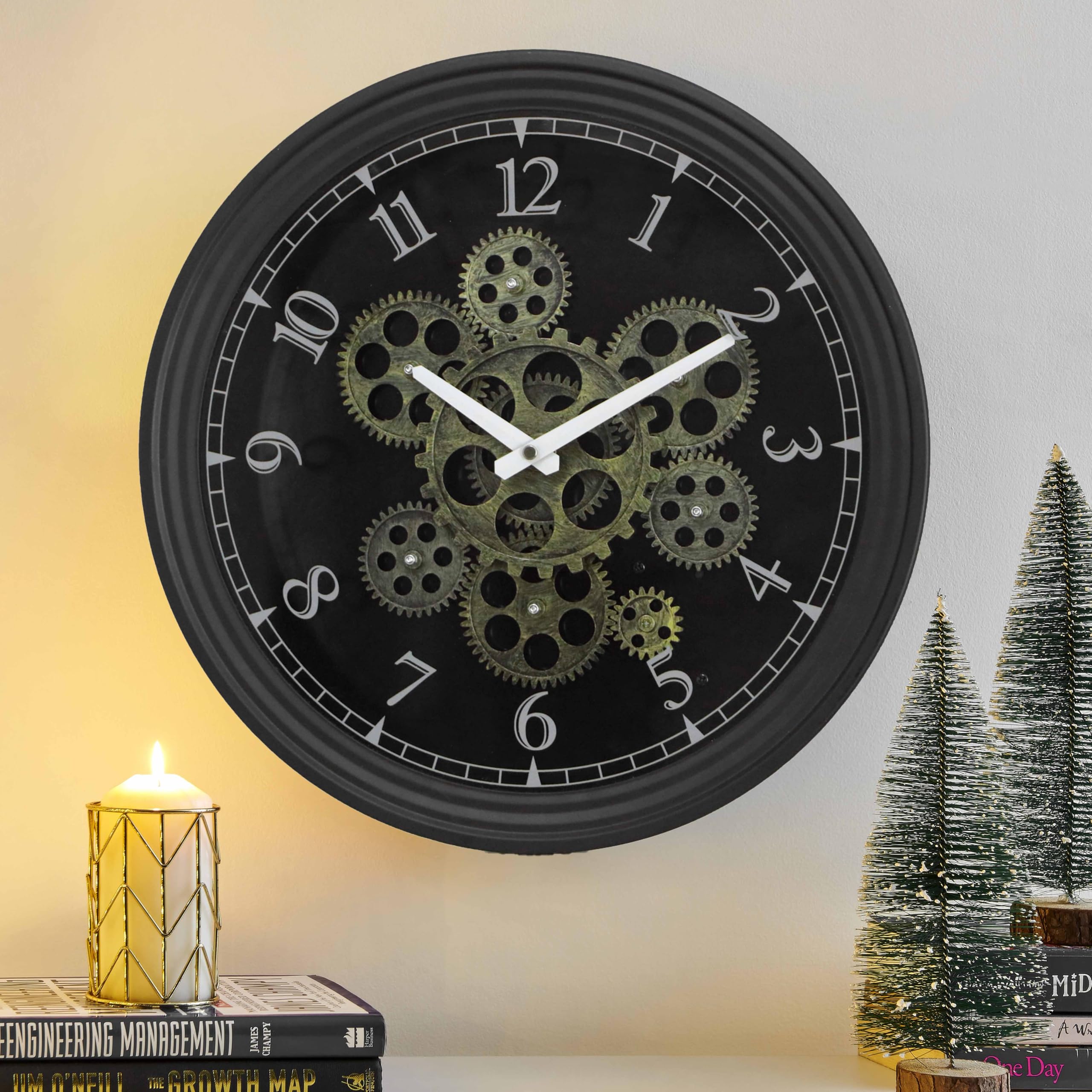 CLXEAST 15 Inch Real Moving Gear Wall Clock, Vintage Industrial Steampunk Aesthetics Art Home Decor Clock, Metal Black Wall Clock for Living Room Decor,Kitchen, Home Office