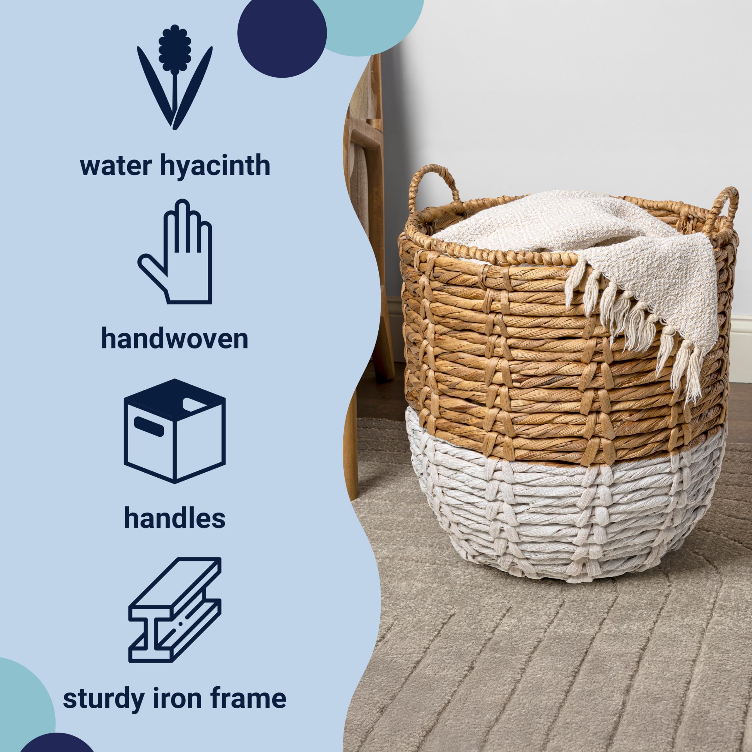 happimess BSK1003E Laurel 49,5 cm Bohemian Handgewebter Abaca Korb mit Griffen, Seegras Container zur Dekoration im Schlafzimmer, Wohnzimmer, Waschküche, Eingang, Natur, Natur/Weiß