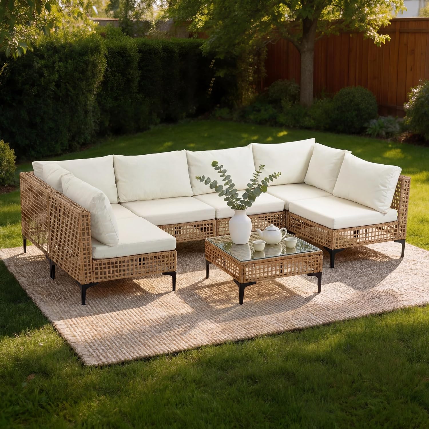 7 PCs Outdoor Patio Furniture All Weather Wicker Rattan Sectional Conversation Sofa Set w/Water Resistant Cushions, Coffee Table for Paito, Lawn, Garden, Beige