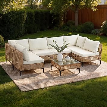 7 Piece Outdoor Patio Furniture Set with Coffee Table - Beige | All Weather, Wicker Rattan Sectional Conversation Sofa Set, Water Resistant Cushions, for Paito, Lawn, Garden, Beige