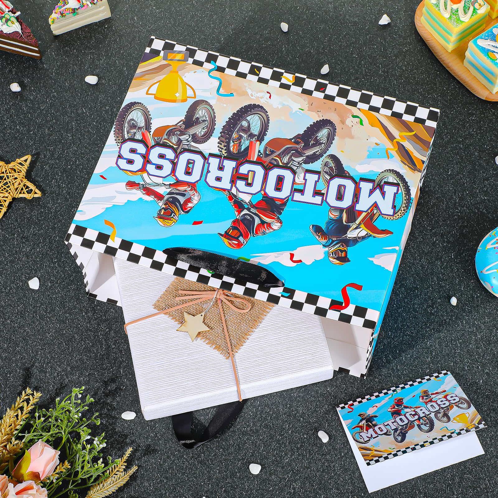 Woosytoo Dirt Bike Gift Bag for Boys Motocross Birthday Wrapping Bag with Tissue Paper and Card Motorcycle Birthday Decorations for Baby Shower Dirt Bike Theme Party Bday Funny Games Party Supplies