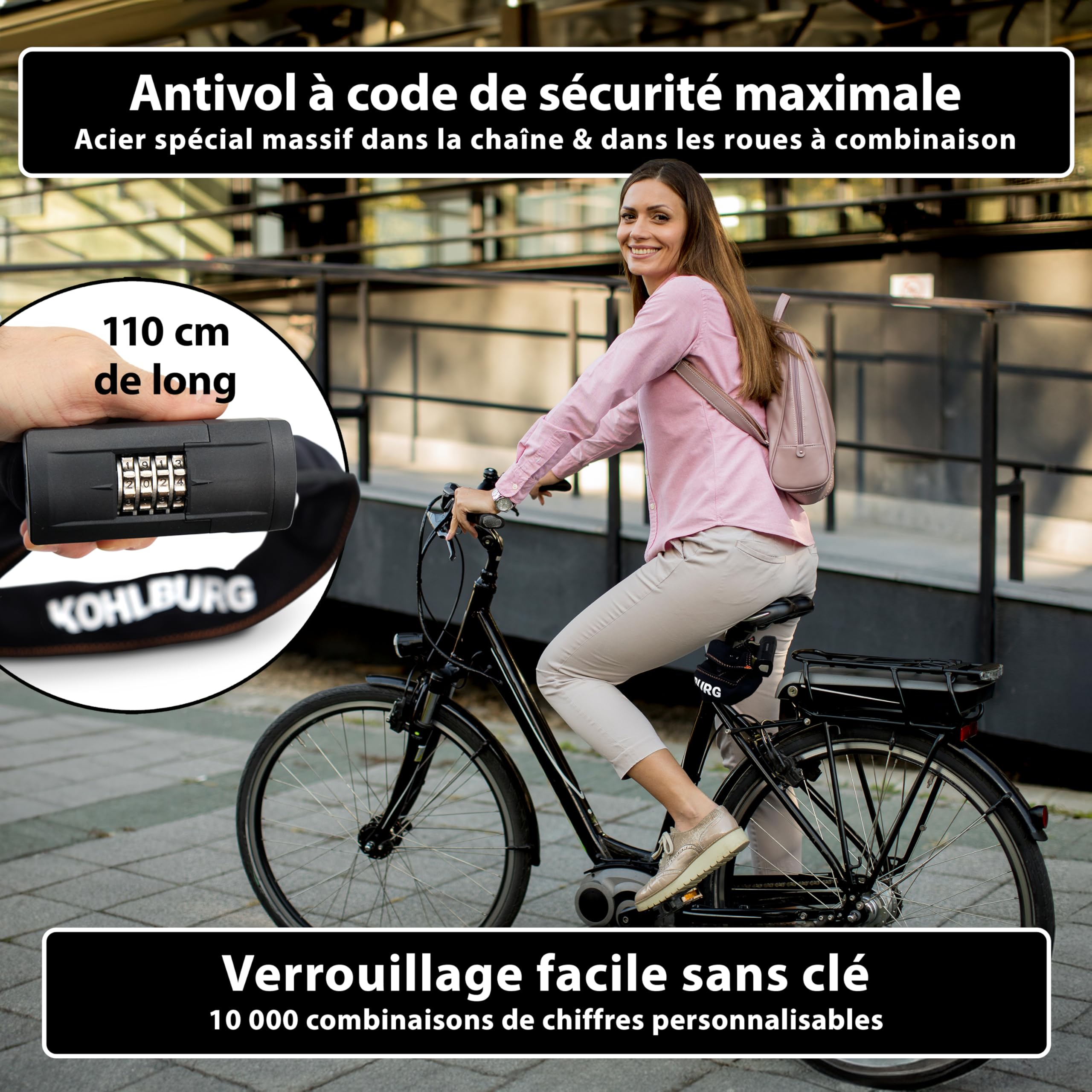 KOHLBURG Antivol vélo à combinaison [Sold Secure Gold & FUB 2 Roues] 110 cm | Cadenas velo homologué & sécurité maximale – Antivol avec code numérique, acier trempé de 8 mm – Pour vélo électrique et moto