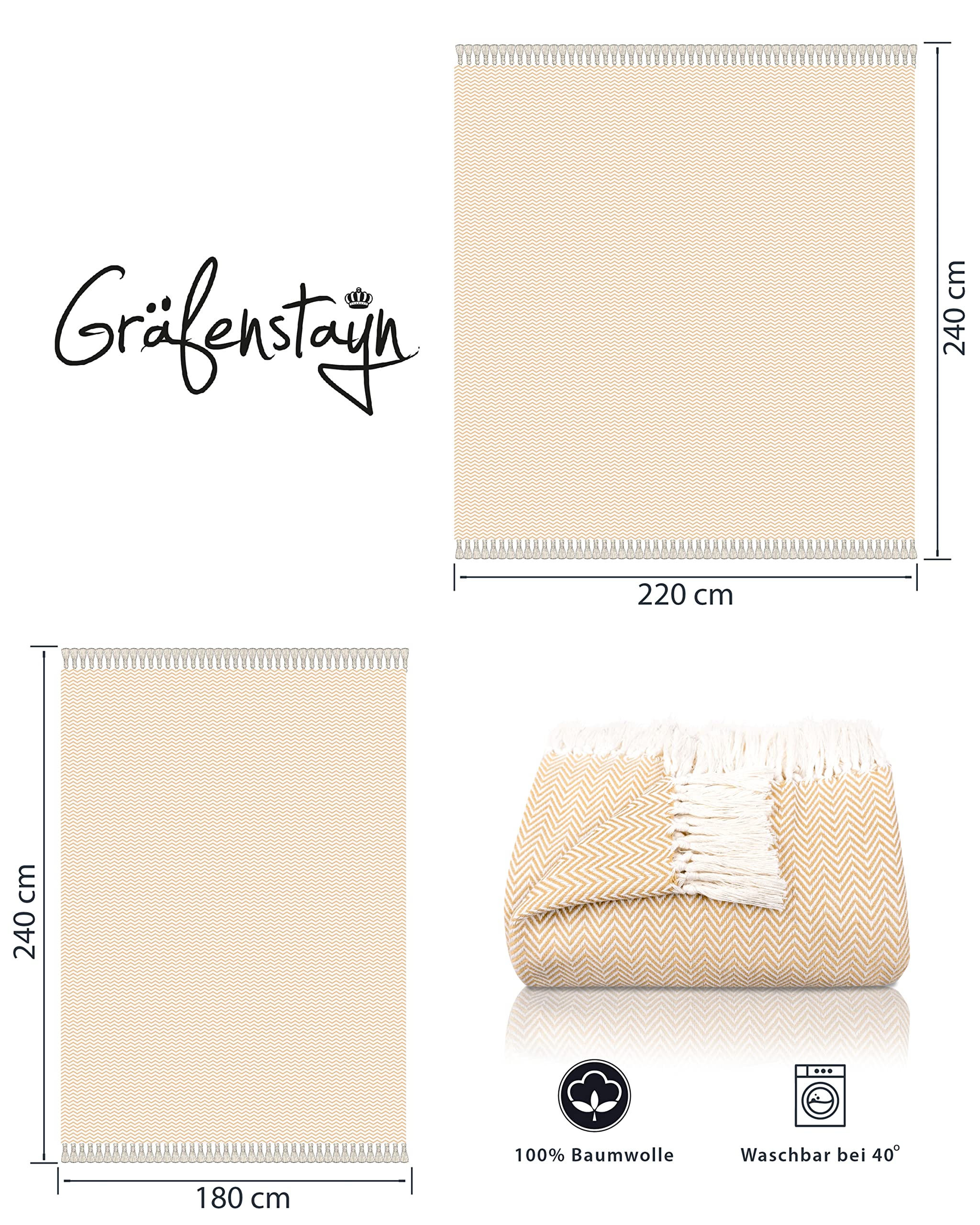 Gräfenstayn Narzuta premium z frędzlami, 100% bawełna, 220 x 240 cm, wzór w jodełkę, kołdra letnia, bawełniana narzuta na łóżko, kanapę, beżowa
