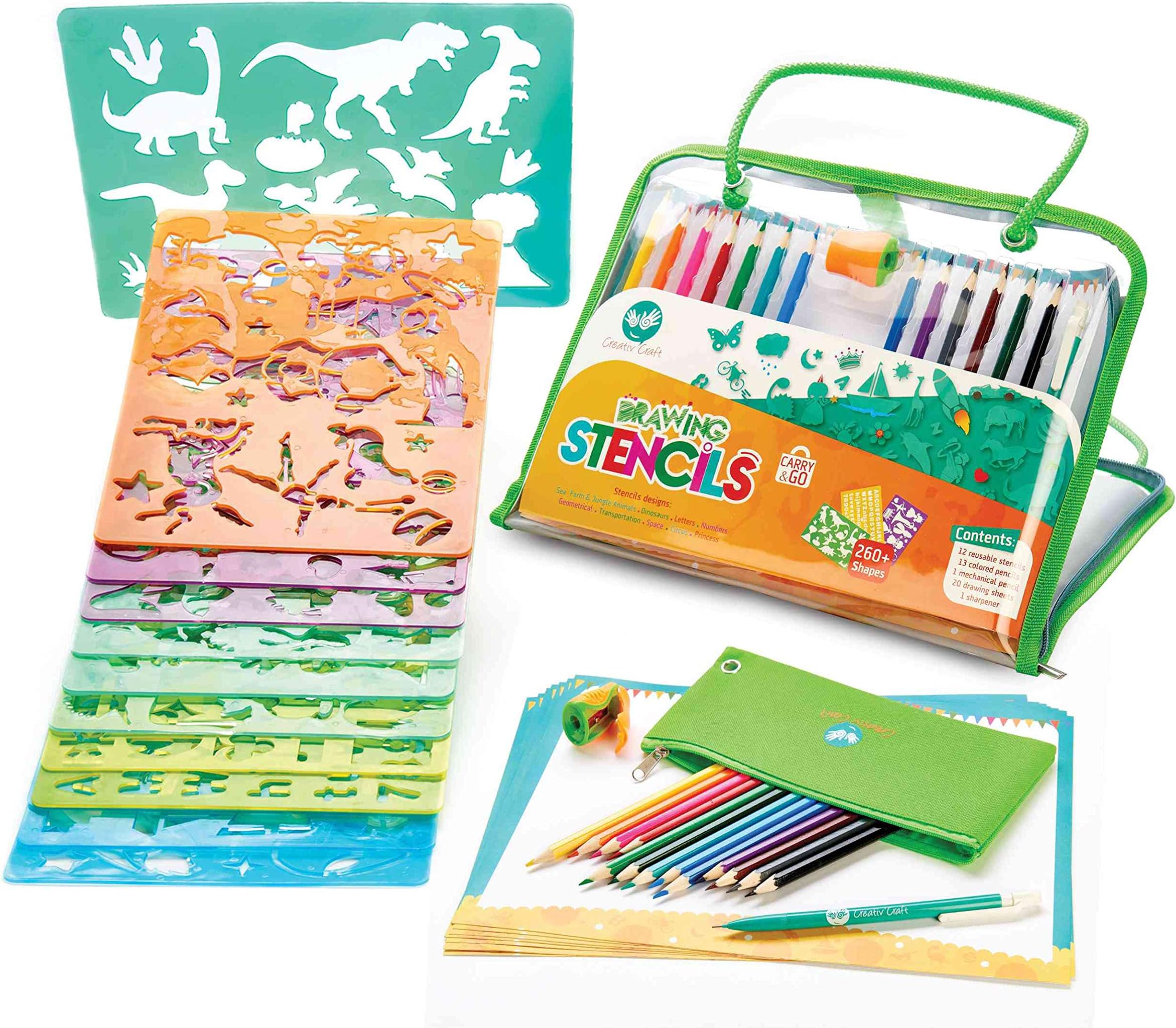 Drawing Stencils for Kids Ages 4-8 And 9+, Unique Dinosaur Stencil Board & 260+ Fun Shapes - All-in-one Reusable Art Set For Kids Travel Activities - Ideal Gift For Girls & Boys to Boost Creativity