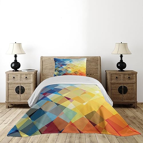 Miniatura 2 de Lunarable Colcha amarilla y azul, patrón degradado en cuadros factales con forma de mosaico roto artístico moderno, juego de colcha acolchada